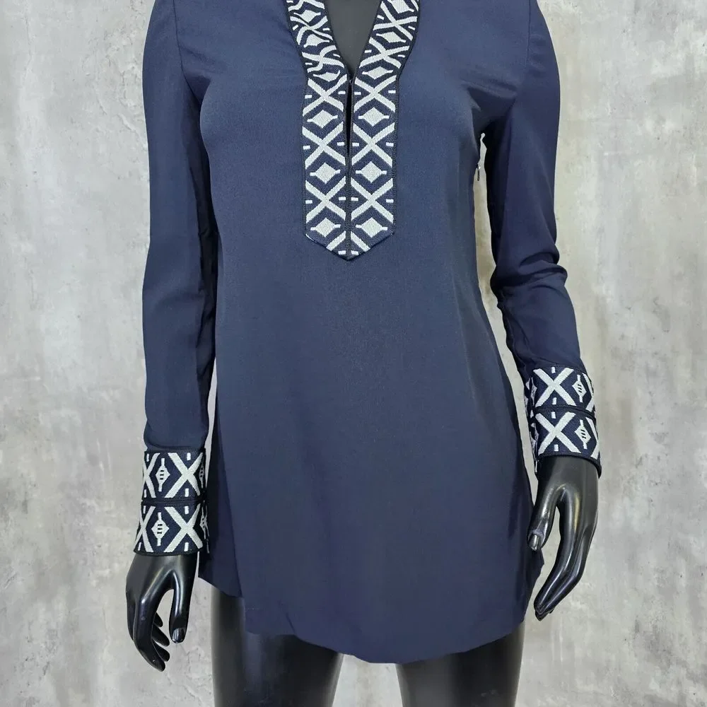 Tory Burch 2 Navy Blue Ariana Embroidered Knit Trim V Neck Long Sleeve Tunic Top